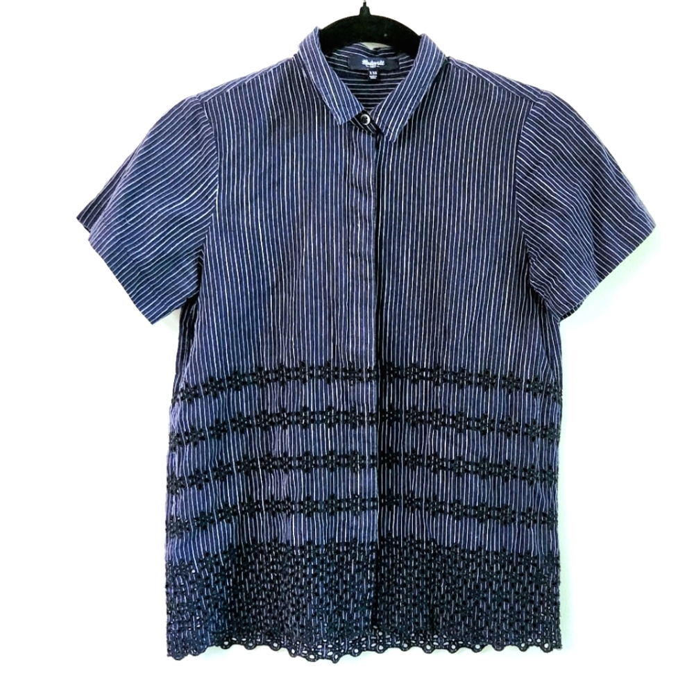 Madewell Navy Blue White Striped Eyelet Trim Short Sleeve Buttondown Blouse